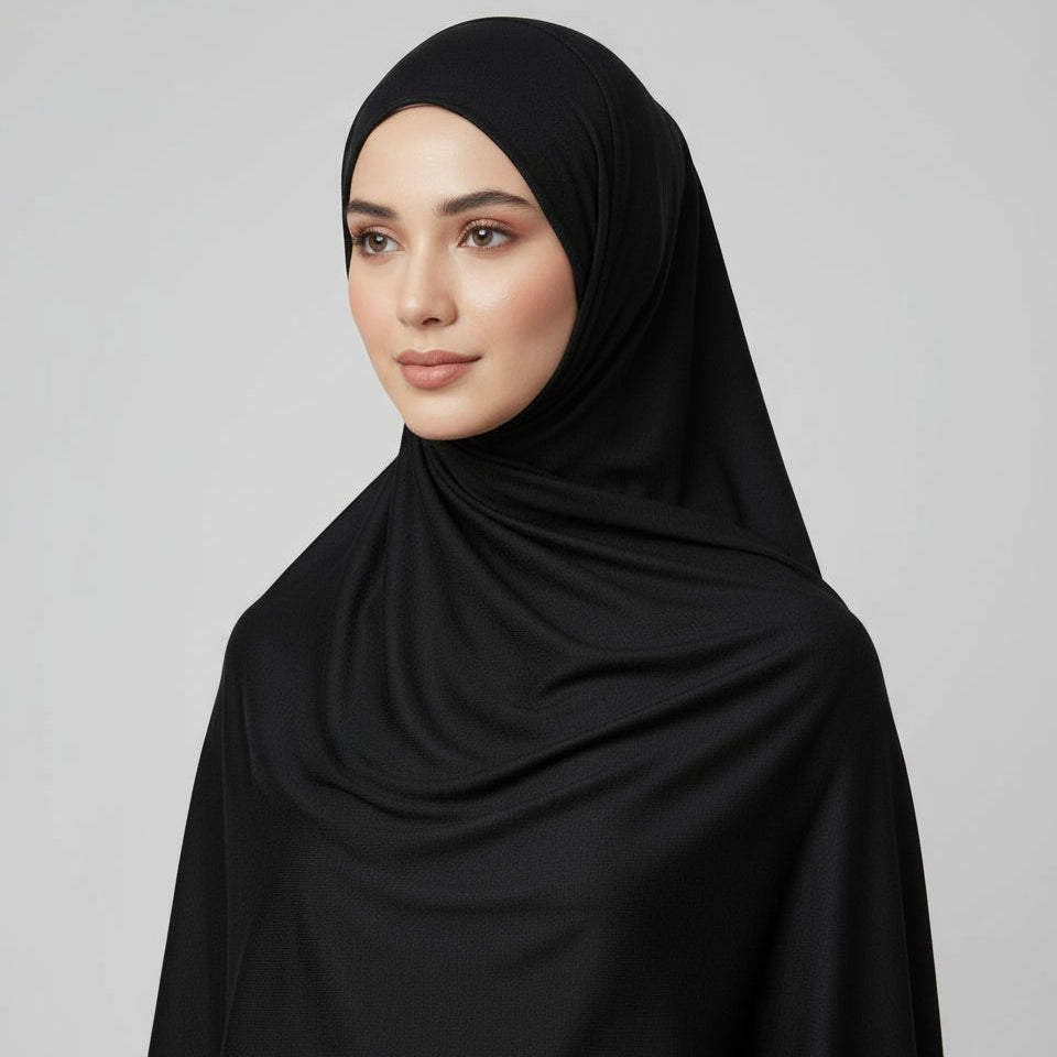 A smooth and stretchy Jet black premium jersey hijab