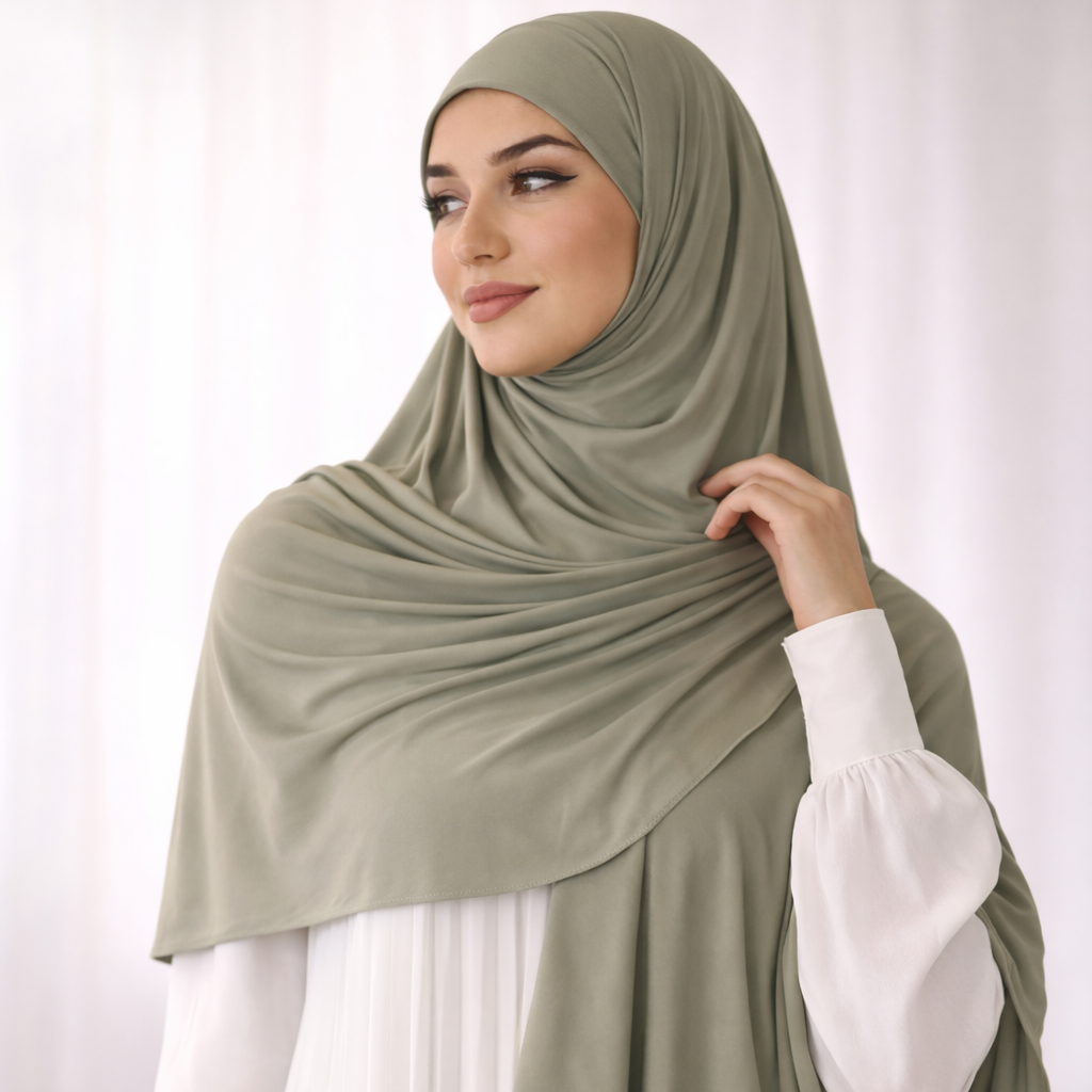 Woman wearing a green hijab and white outfit on a plain background