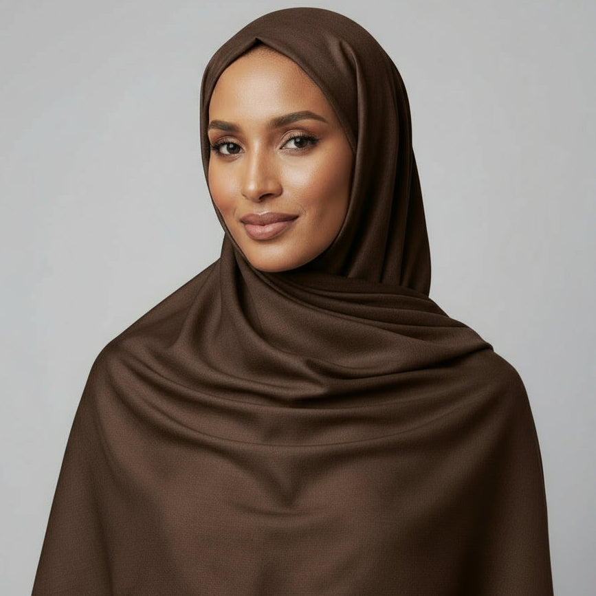 Somalian women wearing a dark brown jersey hijab