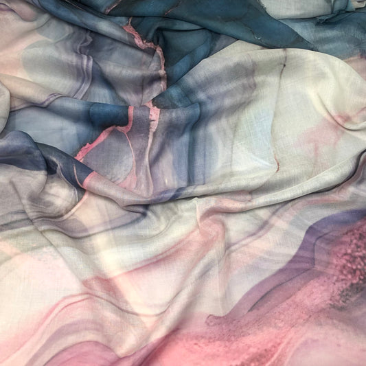 Watercolour modal hijab with blue, cream and pink tones