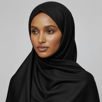 A draped piece of jet black premium jersey fabric, displaying its smooth and stretchy texture.